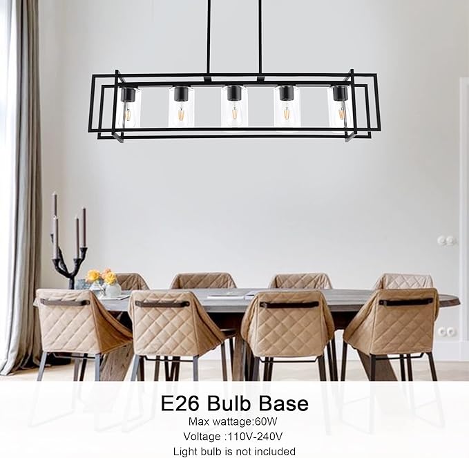 Kitchen Island Lighting 5-Light Chandeliers Farmhouse Black Island Pendant Light Fixtures Dining Room Rectangular Chandelier with Clear Glass Shades