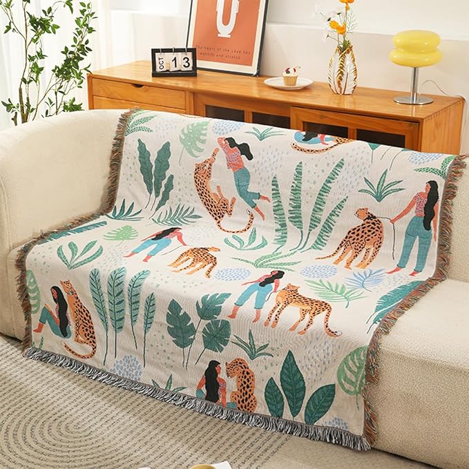 Double-Sided Cotton Woven Throw Blanket with Tassel Jungle Bohemian Style Tapestry Shawl Multi-Function Decorative Throws for Sofa Bed Armchair Camping Blanket Tablecloth Carpet 160x130cm
