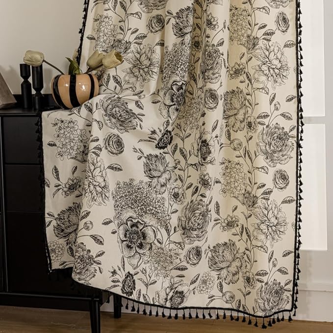 F-CHU Black Floral Farmhouse Curtains Living Room Drapes 84 Inch Length Cotton Linen Boho Window Curtain with Tassel Rod Pocket Bedroom Macrame Drapes Flower Curtains, 1 Panel