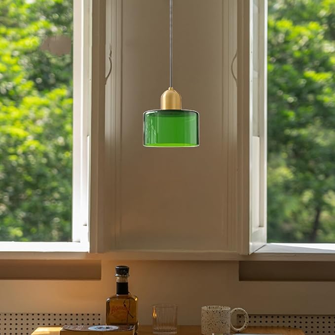 Modern Glass Pendant Light, E26 Hanging Light Fixture with Gold Metal Socket, Adjustable Cord Ceiling Lighting for Kitchen, Dining Room, and Bedroom (Dark Green)