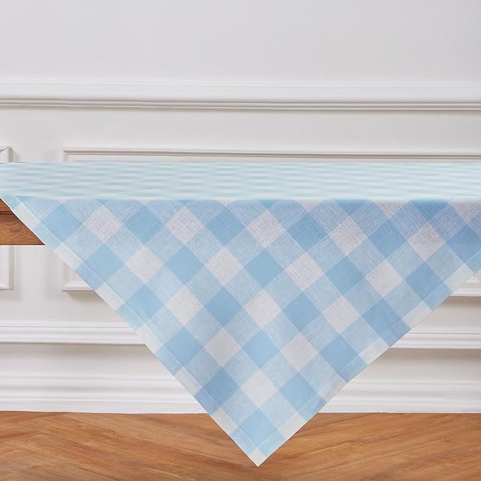 Solino Home Linen Square Tablecloth 52 x 52 Inch - 100% Pure Linen Blue Bell Buffalo Check Tablecloth - Machine Washable Table Throw