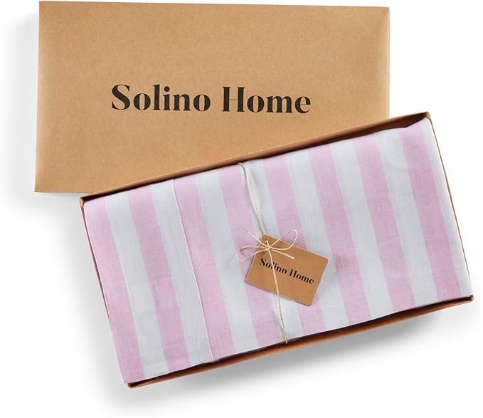 Solino Home Linen Tablecloth 60 x 90 Inch - Sorrento Stripe 100% Pure Linen Pink and White Table Cloth for Rectangle Tables - Machine Washable Tablecloth