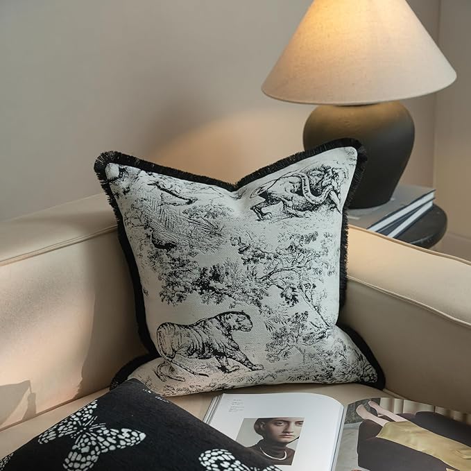 New 20x20'' inches Throw Pillow Cushion Covers - Black Jungle Tiger with Edge Strip Chenille Jacquard Embroidery Luxury Modern Style Couch Sofa Bed Pillow Cover for Living Room Bedroom