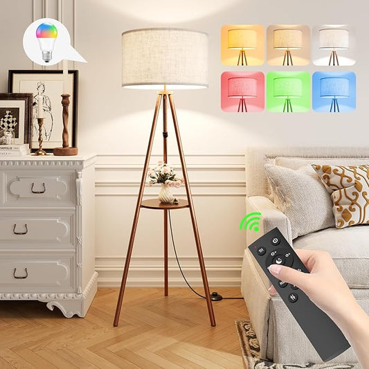 Tripod Floor Lamp with Shelves, Mid Century Modern Metal Standing Lamp with Remote & App Control, Dimmable RGB Smart Bulb Included, E26 Base for Living Room, Bedroom, Office - Boho Decor