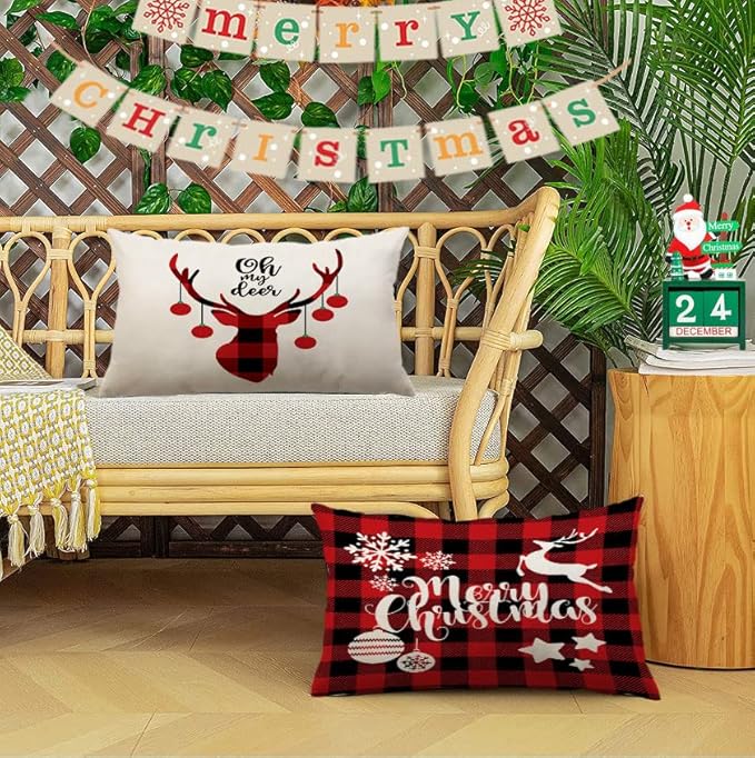 Neatee Living Christmas Pillow Covers 12x20 Set of 4 Red Xmas Vintage Throw Pillows Christmas Tree Deer Snowman Pillow Cases Outdoor Sofa Couch Cushion Covers for Home Decorations (12 by 20)
