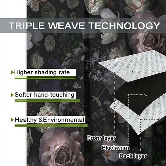 Gothic Floral Blackout Window Curtains, Retro Black Flower Rustic Watercolor Vintage Plant Boho Halloween Window Drapes, for Home Bedroom Living Room 27.5(W)*63(L) 2 Panels