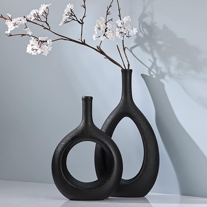 Black Ceramic Hollow Elliptical Vase Set of 2 - Boho Circle Vase with Hole, for Modern Black Table Decor, Living Room Decor Shelf mid Century Modern Home Entrance Decorative vase