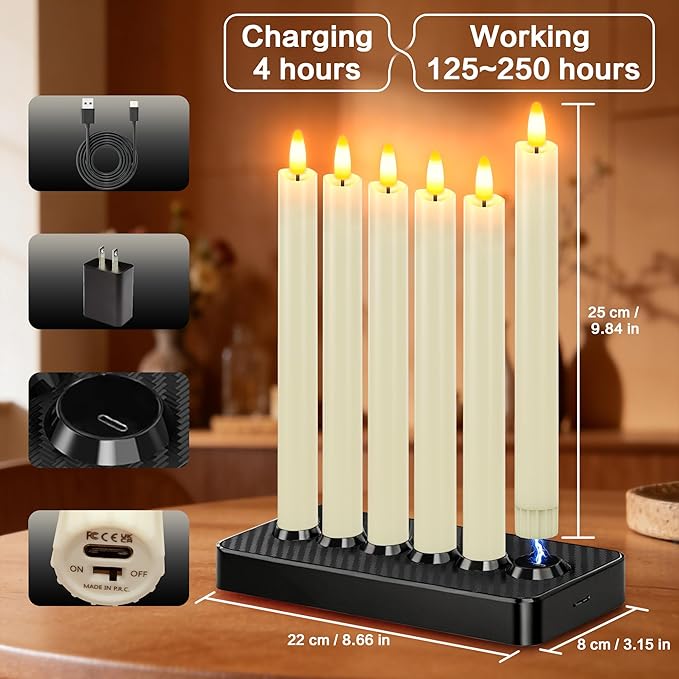 Rechargeable Flameless Taper Candles with Charging Base, LED Candles Battery Operated with Remote Timer, Flameless Candlesticks for Wedding Party Halloween Christmas Decorations(6 Pack Ivory)
