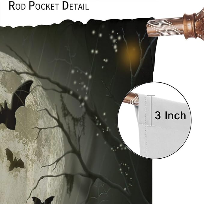 Gothic Halloween Full Moon Blackout Curtains, Gothic Halloween Night Black Bat Crow Print Window Drapes, for Kids Boys Bedroom Living Room 42(W)*84(L) 2 Panels