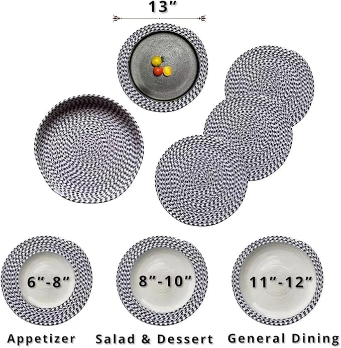 Art PineCone's Woven Cotton Rope Round Placemats Set of 4 with Holder Included, Non-Slip, and Heat Resistant Shabby Chic Placemats (Blended Charcoal, 13 inch)