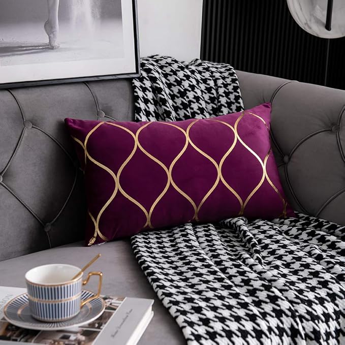 Gold Velvet Throw Pillow Covers Purple: 2 Pack 12x20 Inch Rectangular Decorative Pillow Cases for Bedroom Sofa Couch Living Room