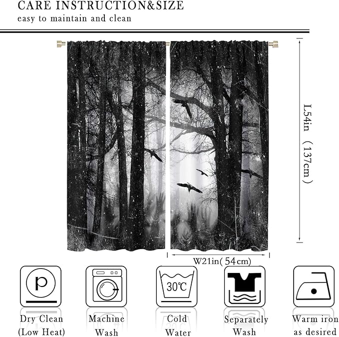 Gothic Forest Blackout Curtains, Foggy Forest Dead Trees Crow Halloween Style Black White Scary Print Window Treatments, for Bedroom Living Room 21(W)*54(L) 2 Panels