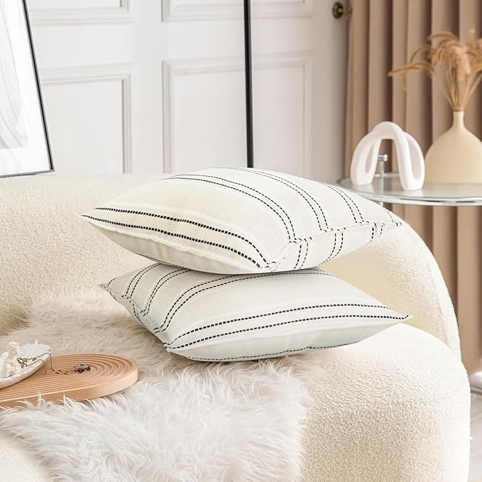 18X18 Decorative Farmhouse Linen Throw Pillow Covers, Boho Textured Pillow Case Set of 2 ,Beige with White & Black Stitch Yarn Dyed Stripe Cushion Cover ,Modern Accent Square Pillowcase for Sofa Couch