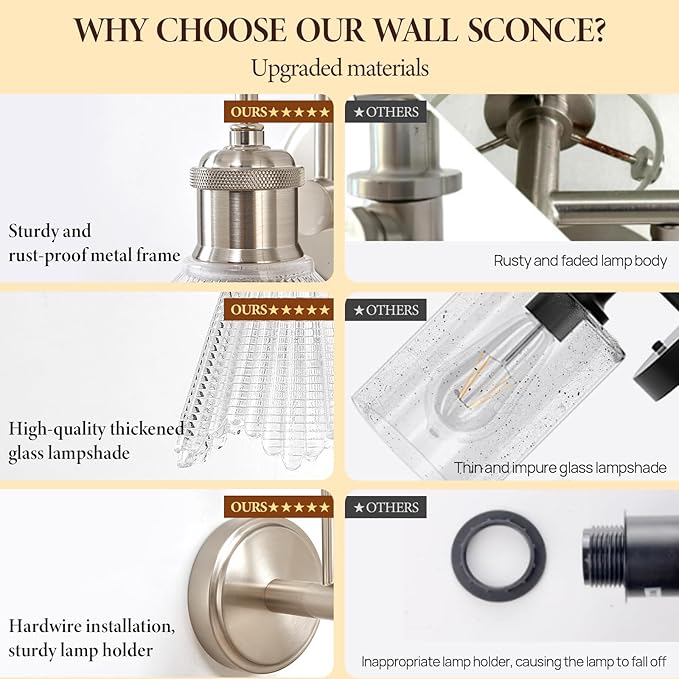 Wall Sconce Set of 2, Nickel Vintage Light Fixtures with Long Clear Glass Lampshade, Hardwired Sconces Wall Lighting for Bedroom, Bathroom, Living Room | Includes 2 LED Bulbs