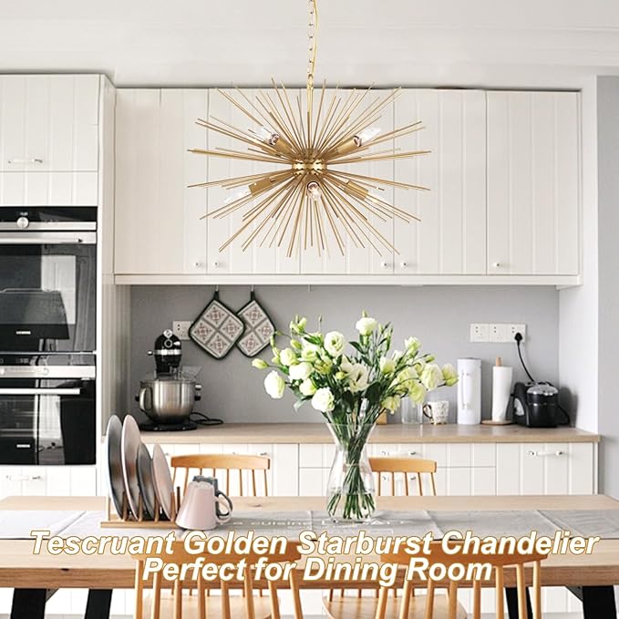 24.41" Golden Sputnik Chandelier Vintage Modern Luxury Starburst Geometric Chandelier Light Fixture Solid Metal Firework Gold Chandelier for Dining Room, Kitchen, Bedroom, E12