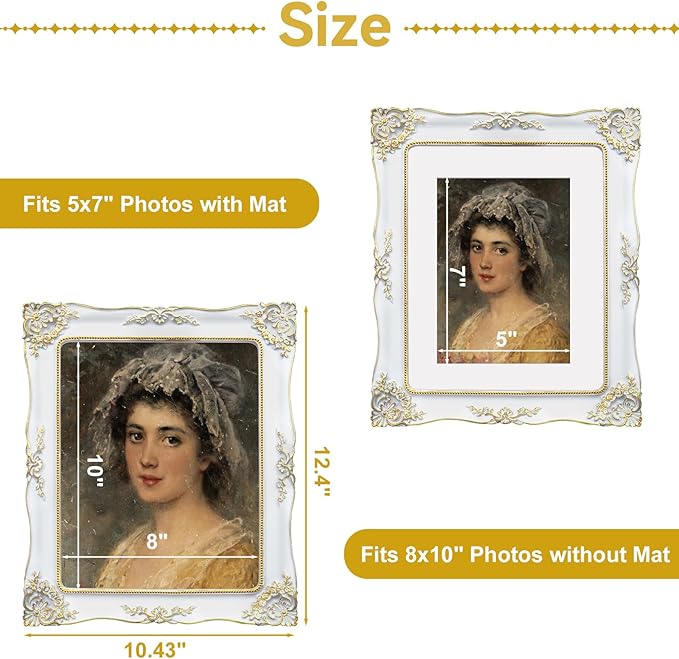 8x10 White Picture Frames Vintage Gothic Picture Frame Antique Victorian Baroque Ornate for Wall or Tabletop Display, Fits 8x10 or 5x7 Photo with Mat
