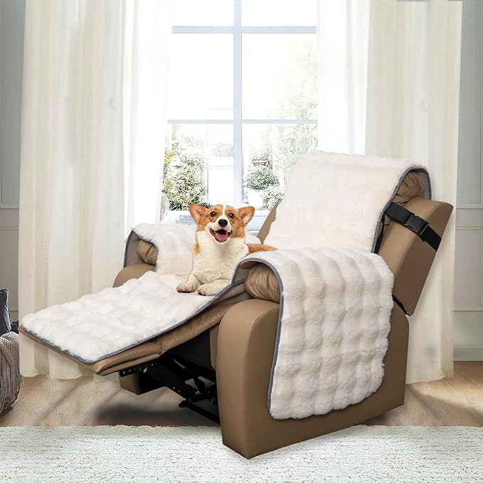 Plush and Fuzzy Shaggy Couch Cover, Dog Pad Faux Fur Sofa Cover, Water Resistant Slipcover, Non-Slip Furniture Protector for Kids,Dogs,Cats.(White-Bubble, Medium Recliner)