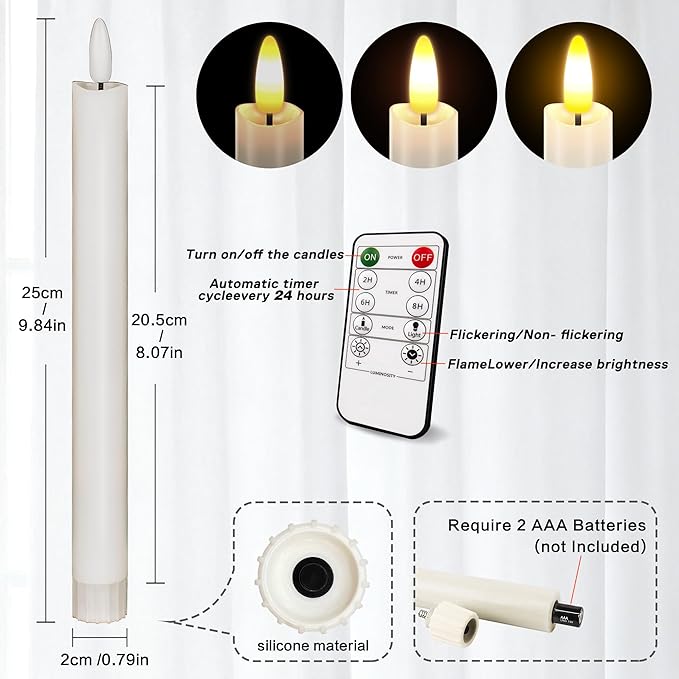 Flameless Taper Candles with Remote, 500H Battery Operated Tapers Candle, Led Flickering Flameless Candlesticks Classic Tall Taper Candles for Christmas Home, Wedding, Party, 9.8 inches (White)