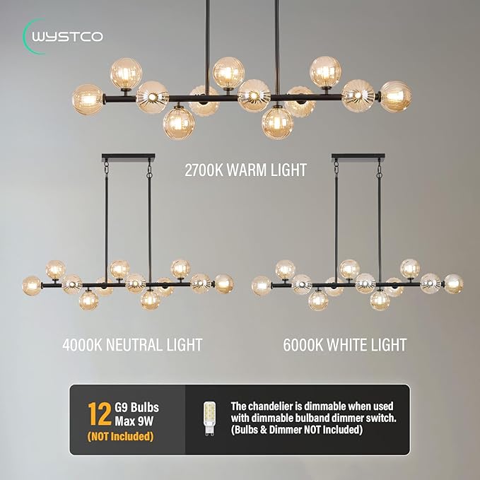 50 Inch Large Sputnik Globe Chandelier, 12-Light Mid Century Modern Light Fixture Over Table, Black Linear Chandeliers for Dining Room Kitchen Island Living (Amber Glass Bubble Shades)
