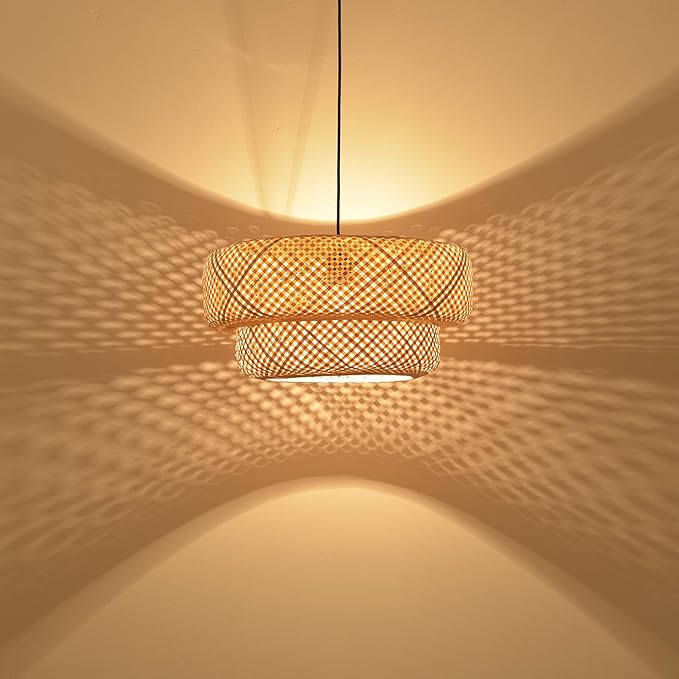 18.12 Inch Bamboo Pendant Light Hand Woven Basket Lights Rattan Pendant Light for Kitchen Island Dining Room Living Room Bedroom Foyer