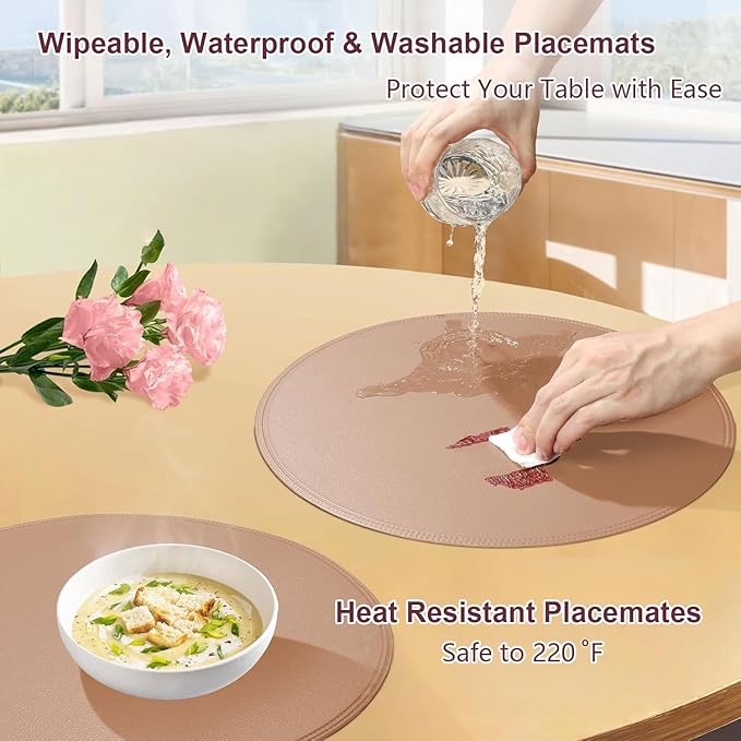Round Vinyl Pink Placemats Set of 6, Faux Leather Waterproof Wipeable Heat Resistant Place Mats, Washable Table Mats for Halloween, Thanksgiving & Christmas Dinner(Pink)