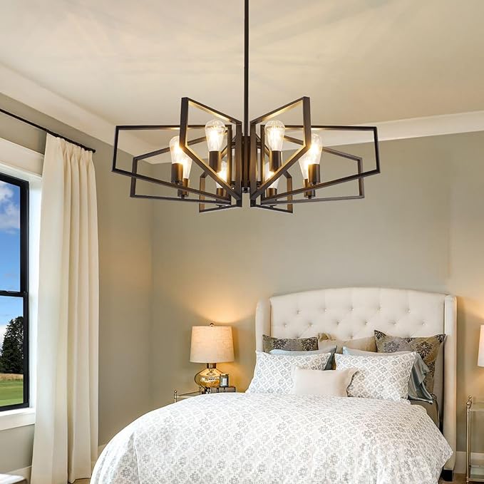 WJShome 8-Light Black Chandelier, Farmhouse Dining Room Light Fixture, Modern Industrial Ceiling Foyer Lighting Fixtures, Geometric Pendant Lights Kitchen Island, for Bedroom,Stairway, Entryway