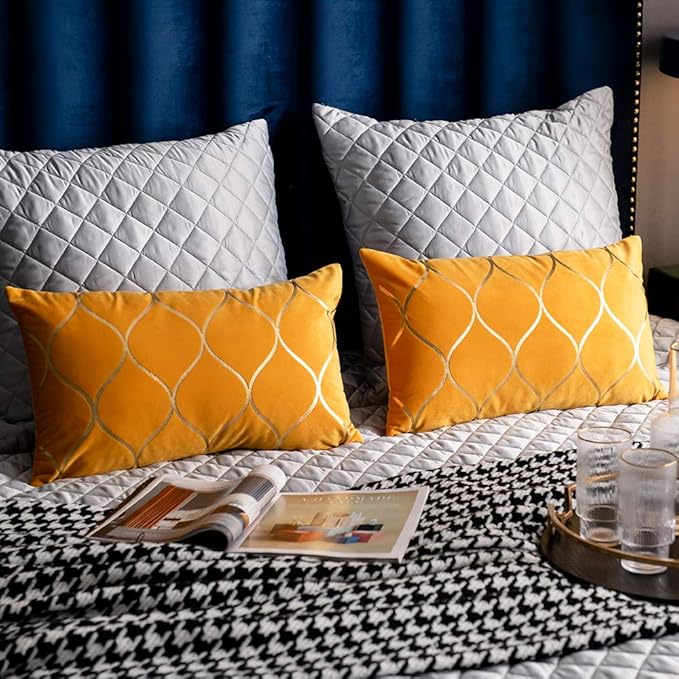 12x20 Inch Gold Velvet Throw Pillow Covers: 2 Pack Rectangular Decorative Pillow Cases for Bedroom Sofa Couch Living Room, Yellow