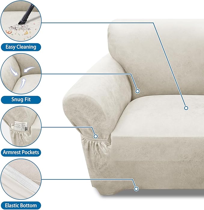 Single Sofa Cover Leather Look Chair Covers for Living Room 1-Piece Sofa Chair Covers with Arms Stretch Furniture Protector with Elastic Bottom & Pockets(Armchair, Beige)