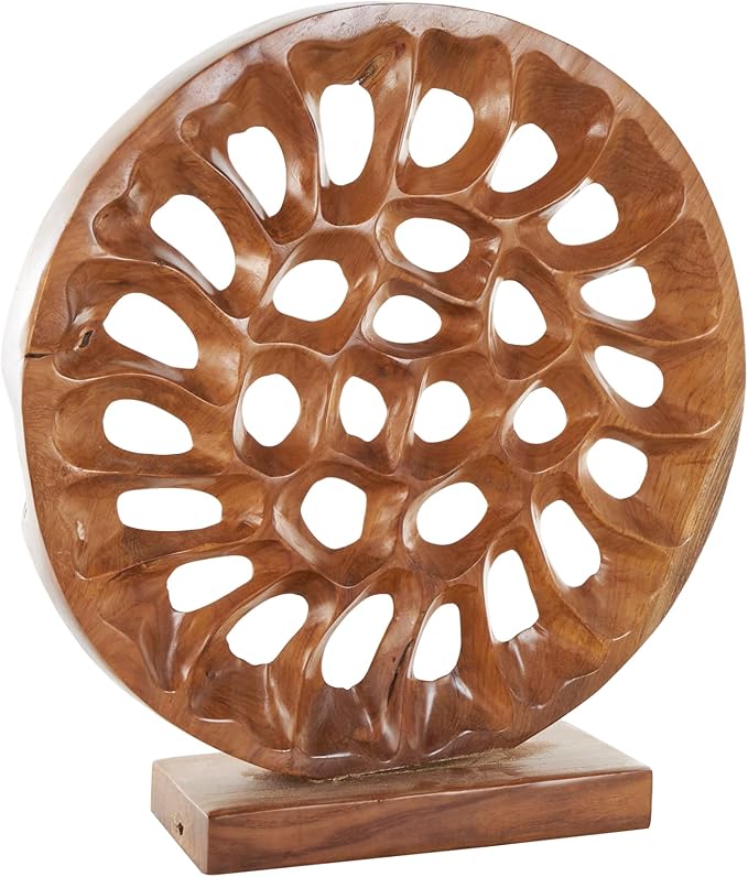 Deco 79 Teak Wood Abstract Handmade Decorative Sculpture Circular Cutout Home Decor Statue, Accent Figurine 20" x 6" x 21", Brown
