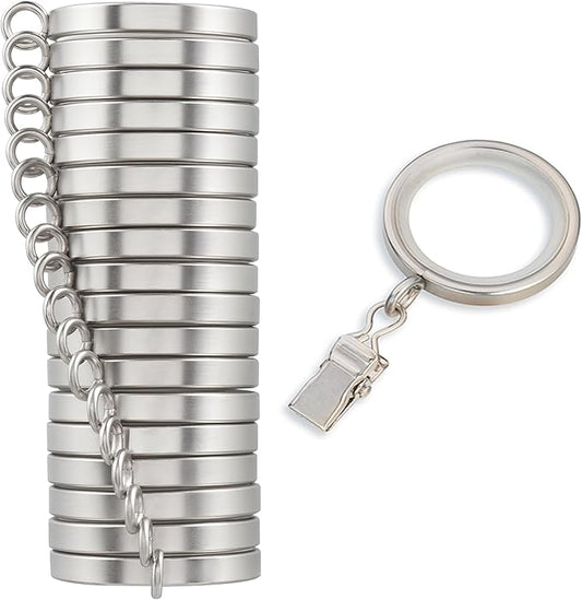 MODE Cambria Designer Series - Premium Easy Glide 18 Count Small Curtain Rings - Metal with Nylon Inserts and Clips - 1 inch Inner Diameter - use for rods 5/8" or Smaller - Brushed Nickel