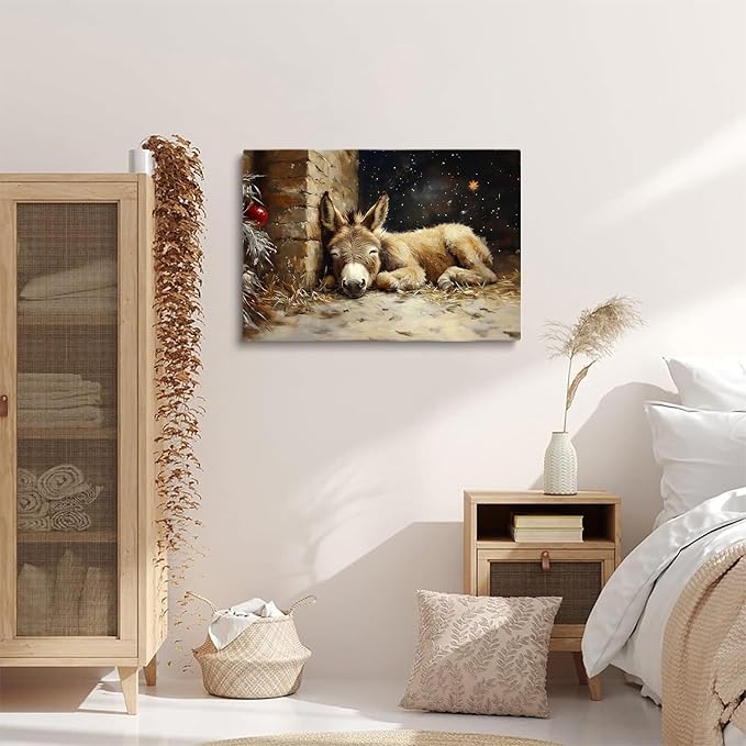 Rustic Holiday Wall Art,Christmas Donkey Nativity Print,Vintage Christian Christmas Religious Prints for Church Cottagecore Decor