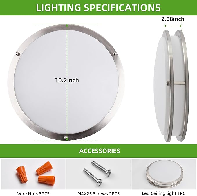 Hlite 24W 10inch LED Flush Mount Ceiling Light Fixture,1600LM Super Bright Light Fixture Ceiling Mount,LED Ceiling Light Flush Mount for Bedroom,Kitchen,Bathroom,5000K Daylight White,Nickel (1Pack)