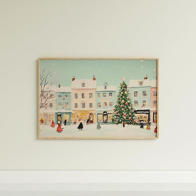OZCONO Snowy Christmas Village Art Print for Winter Home Decor, Festive Holiday Town Scene Wall Art, Farmhouse Christmas Decoration, Cozy Seasonal Interior Artwork (Unframed) (11x14)