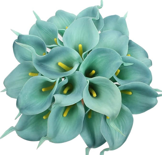 Duovlo 20pcs Calla Lily Bridal Wedding Bouquet Lataex Real Touch Artificial Flower Home Party Decor (Lake Blue)