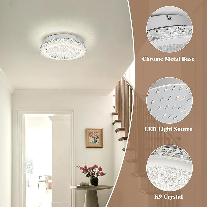 Crystal Ceiling Light Fixture 3000/4000/5000K Crystal Chandeliers Dimmble LED Kitchen Lighting Fixtures Ceiling for Dinning Room Bathroom Bedroom Hallway Entrance 14''