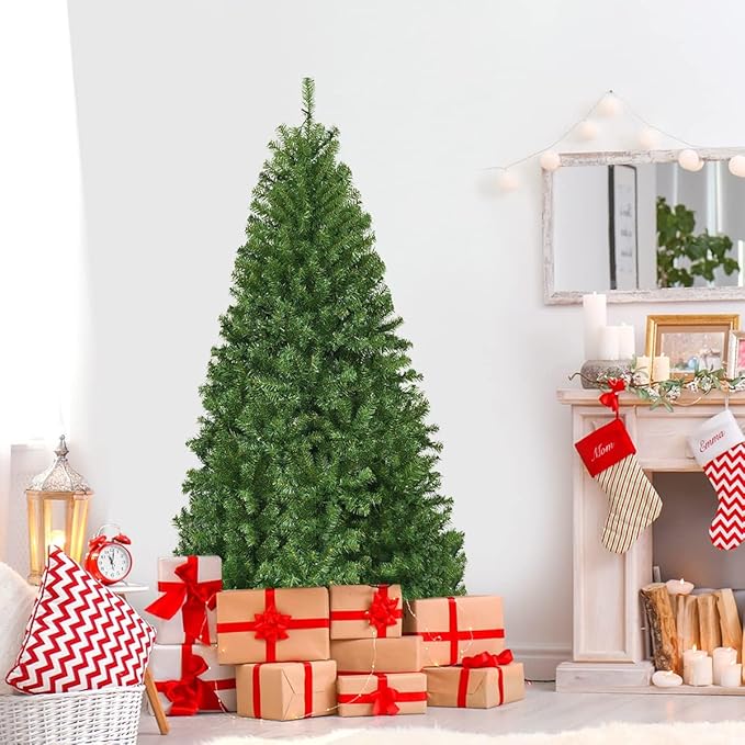 HAPPYGRILL 6 FT Pre-Lit Artificial Christmas Tree, Artificial Hinged Tree with 350 LED Lights, 1000 PVC Branch Tips and Foldable Base, Premium Spruce Tree with 11 Color Modes for Holiday Decor