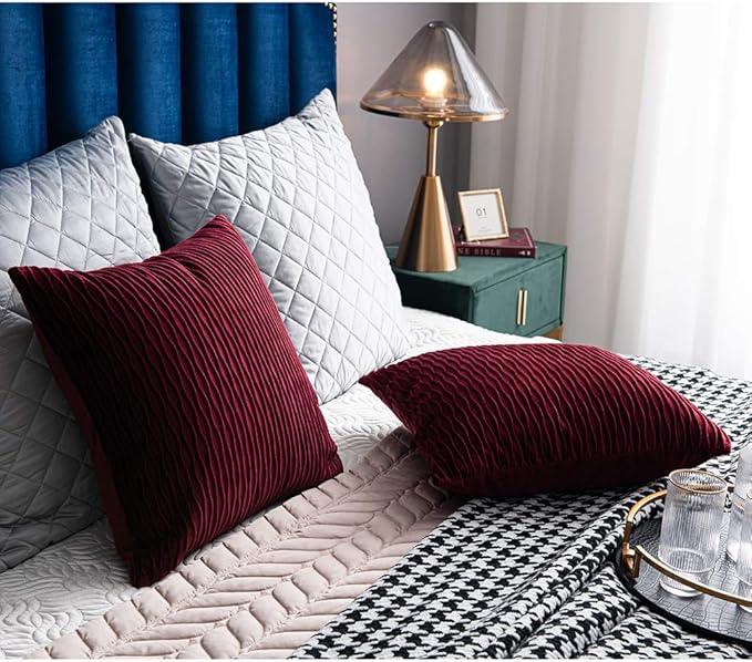 Wine Red Throw Pillow Covers: 2 Pack 22x22 Inch Original Striped Velvet Square Decorative Pillow Cases for Farmhouse Couch
