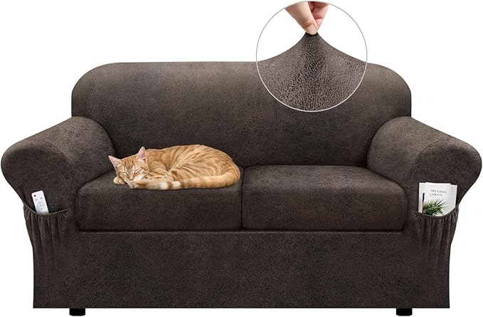 Loveseat Slipcover with Armrest Pockets 3-Piece Set, Stretch Faux Leather Love Seat Covers for 2-Cushion Couches(Fits 58-66") - Non-Slip, Machine Washable, Pet & Kid Friendly - Light Brown