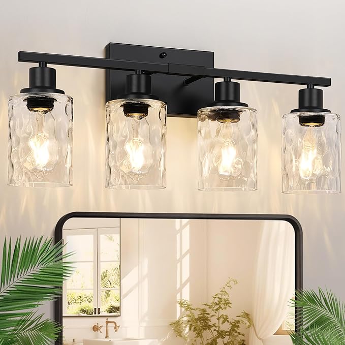 4-Light Bathroom Light Fixtures, Matte Black Vanity Light with Water Ripple Clear Glass Shades for Mirror, Living Room, Bedroom, or Porch