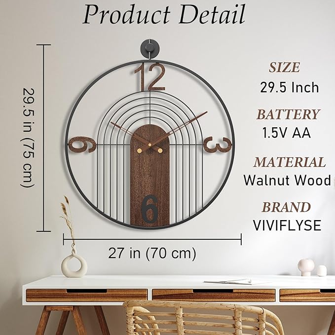 Modern Large Walnut Dial Wall Clock, Wood Metal Frame Silent Non Ticking Wall Clocks Decoration for Living Room, Bedroom, Kitchen, Study, Handmade Home Decor Present Idea, 29.5 Inch