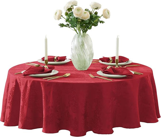Newbridge Barcelona Damask Fabric Tablecloth, 70 Inch Round, Red – No Iron, Soil Resistant Table Cover for Dining, Parties and Holidays