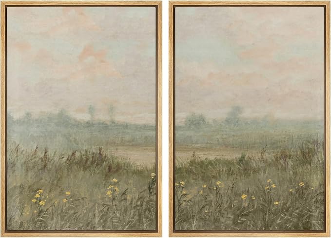 SIGNWIN Framed Wall Art Print Set Serene Meadow at Dawn Soft Impressionist Landscape Illustrations Minimal Decorative Nordic Zen Bohemian for Living Room, Bedroom, Office - 24"x36"x2 Natural