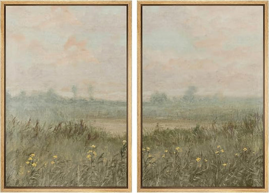 SIGNWIN Framed Wall Art Print Set Serene Meadow at Dawn Soft Impressionist Landscape Illustrations Minimal Decorative Nordic Zen Bohemian for Living Room, Bedroom, Office - 16"x24"x2 Natural