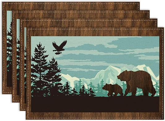Rustic Bear Placemat Set of 6, 12x18 Inch Retro Blue Wooden Wildlife Animal Forest Pine Tree Cabin Country Lodge Coffee Table Mats for Farmhosue Outdoor Kitchen Dining Table Decoration