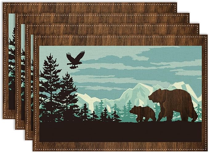 Rustic Bear Placemat Set of 4, 12x18 Inch Retro Blue Wooden Wildlife Animal Forest Pine Tree Cabin Country Lodge Coffee Table Mats for Farmhosue Outdoor Kitchen Dining Table Decoration