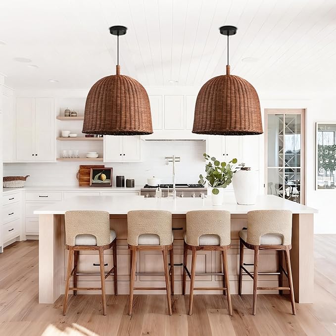 16.9" Rattan Pendant Light Fixtures, 3-Lights Boho Chandelier Hand Woven Pendant Light Farmhouse Hanging Light for Living Room Kitchen Island Dining Room Hallway