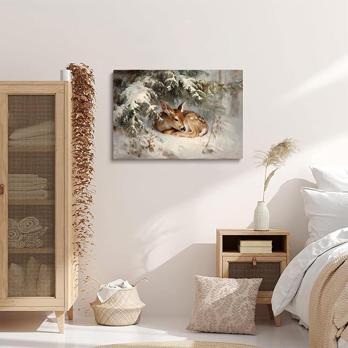 Winter Fawn Wall Art Prints,Woodland Christmas Decor,Rustic Farmhouse Print,Cozy Animal Painting,Snowy Forest Artwork,Christmas Snowy Deer Scenery