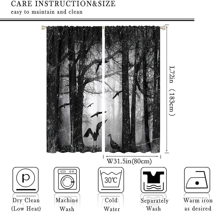 Gothic Forest Blackout Window Curtains, Halloween Style Foggy Forest Dead Trees Crow Print Curtains, for Bedroom Living Room 31.5(W)*72(L) 2 Panels