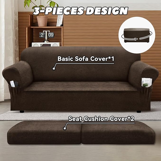 Sofa Slipcover with Armrest Pockets 3-Piece Set, Stretch Faux Leather Couch Cover for 2-Cushion Couches(Fits 72-92") - Non-Slip, Machine Washable, Pet & Kid Friendly - Brown