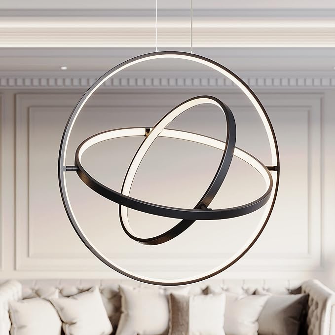 Modern LED Chandelier 3 Rings Black Circle Hanging Pendant Lighting Dimmable Round Ring Kitchen Island Chandelier Creative DIY for Dining Living Room Bedroom Height Adjustable